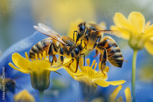 A bee landing on a bright yellow flower in a garden closeup