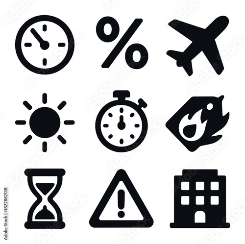 Last Minute Icons. olid, filled icons set of last minute travel deals: clock icon, percent symbol, fast