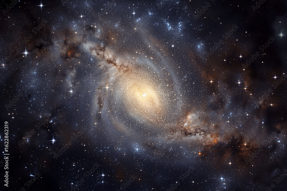 Fototapeta premium Deep space with bright stars and glowing nebula under dark blue sky