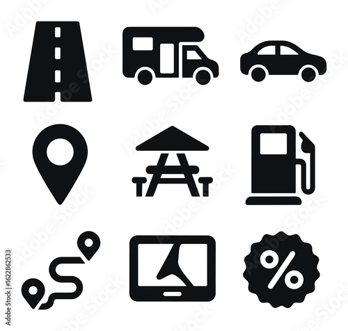 Road Trip Icons. olid, filled icons set of road trip advertising: highway icon, camper van, car, map pin, rest