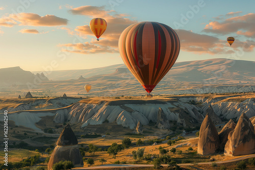 Colorful hot air balloons flying over the mountains of Cappadocia Turkey at sunrise