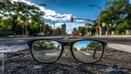 Lost eyeglasses rest on the asphalt, reflecting a sharp view of the city street and blurred traffic lights in the background.