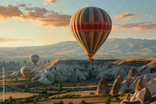 Hot air balloons flying over colorful Cappadocia landscape at sunset