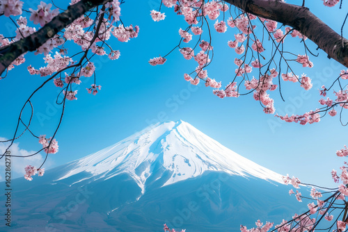 Cherry blossoms blooming with Mount Fuji in the background