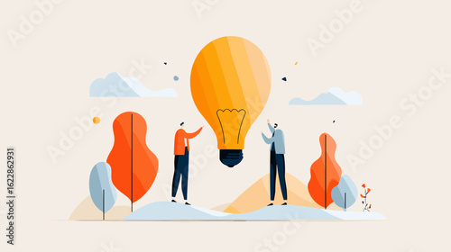 Two people discussing ideas while holding a large light bulb  