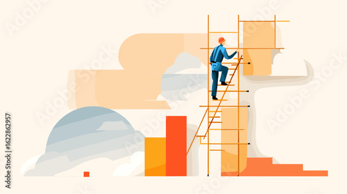 Man climbing ladder to reach higher goals with abstract background  
