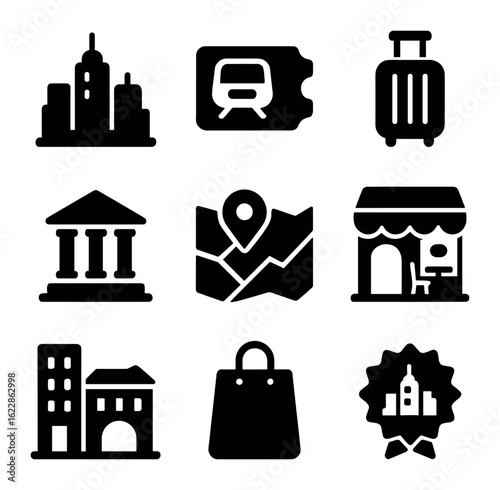 City Break Icons. olid, filled icons set of city break ads: skyline icon, train ticket, suitcase, museum,