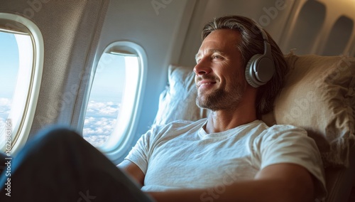 Man relaxes on a flight, enjoying the view and listening to music with headphones for a peaceful journey.