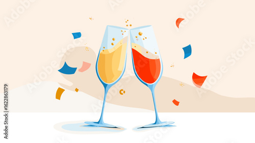 Two champagne glasses clinking with colorful confetti background  