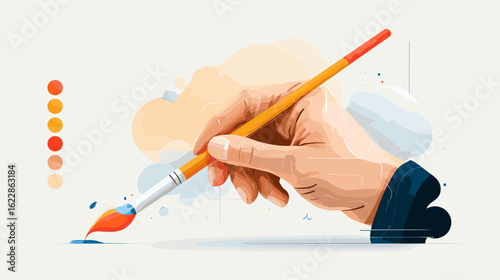 Hand holding paintbrush and creating artwork with colors  