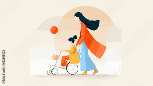 Woman walking with child on tricycle in modern illustration style  