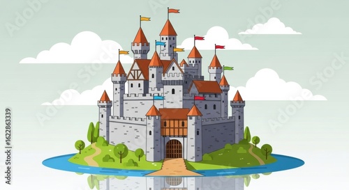 Fantastical hilltop fortress with colorful pennants and serene sky backdrop illustration
