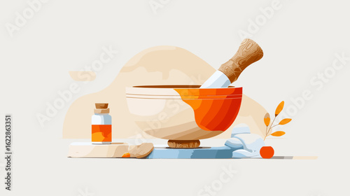 Herbal ingredients in mortar and pestle with oil on countertop  