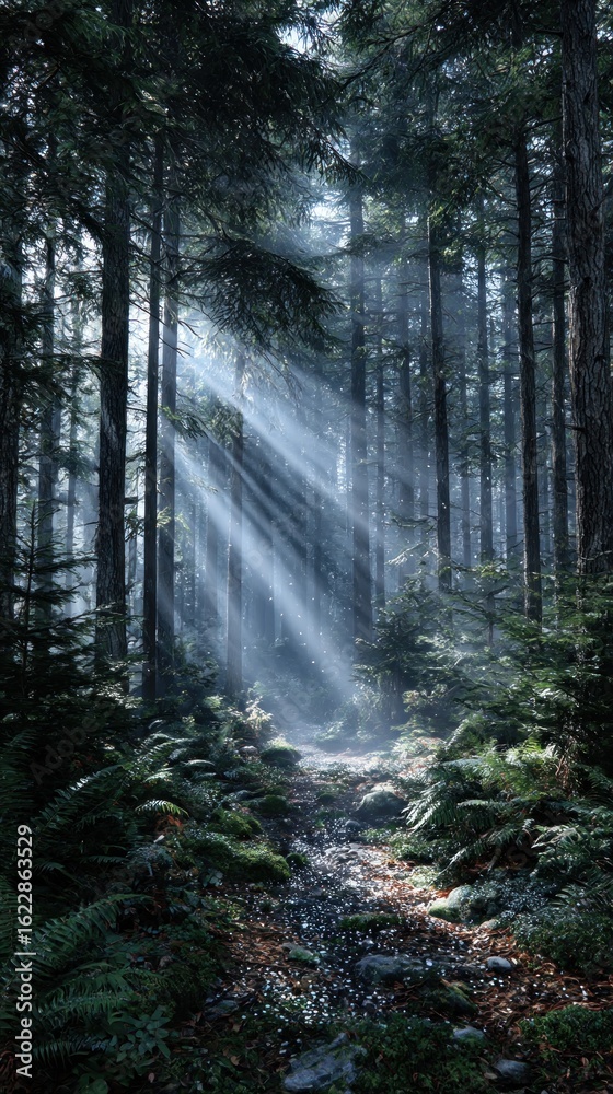 Obraz premium Sunbeams in a misty forest (3)