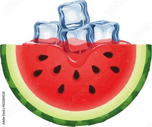 Refreshing Watermelon Slice with Ice Cubes and Juice Drips on Isolated White Background