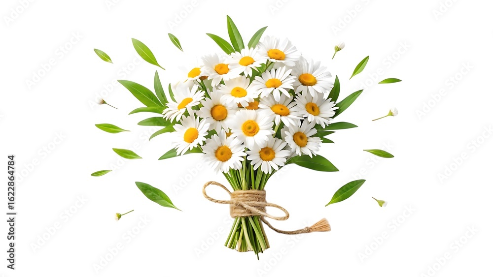 Fototapeta premium Fresh bouquet of white daisies tied with twine on a white background