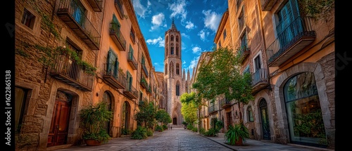 Sunny European alleyway with colorful buildings