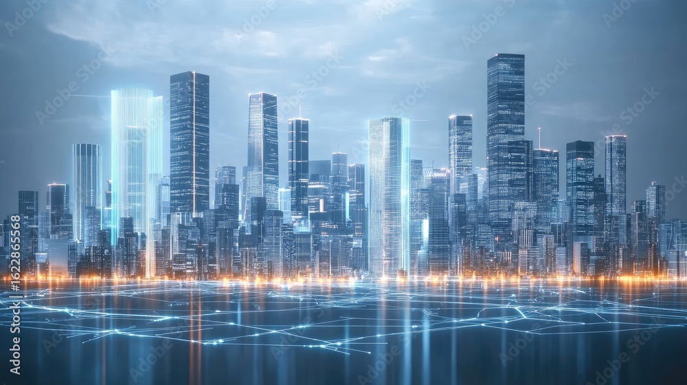 Fototapeta premium Futuristic Cityscape 3D Render with Glowing White Skyscrapers and Data Streams on Light Blue Background, Dynamic Motion Blur Effect