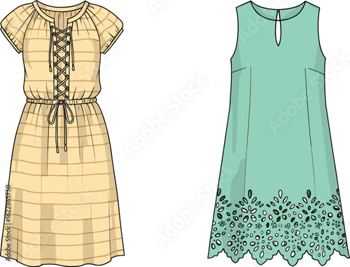 Technical flat sketch of two girls' casual dresses: one mint green with embroidery and one beige with pleated details and ruffle sleeves, presented in front views, for comfortable everyday wear.