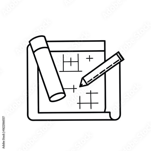 Black and White Line Drawing of Rolled Blueprint with Pencil and Ruler Depicting Architectural Drafting and Technical Planning