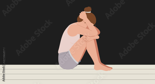 Minimalist illustration of a woman in a contemplative pose with dark hair, light tank top, and gray shorts
