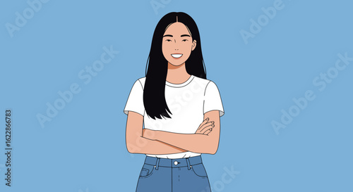 Portrait illustration of a young woman with long black hair, wearing a white t-shirt and blue jeans, standing confidently against a blue background