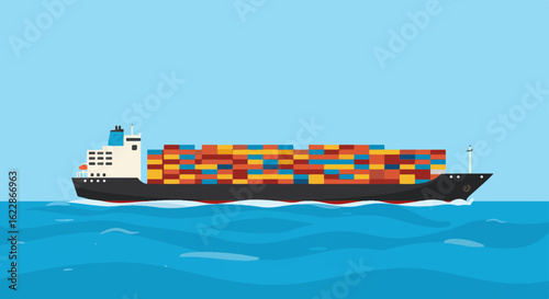Cargo ship with colorful containers sailing on calm sea under clear sky