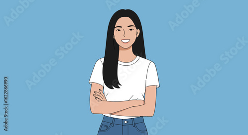 Portrait of a young woman with long black hair wearing a white t-shirt and blue jeans