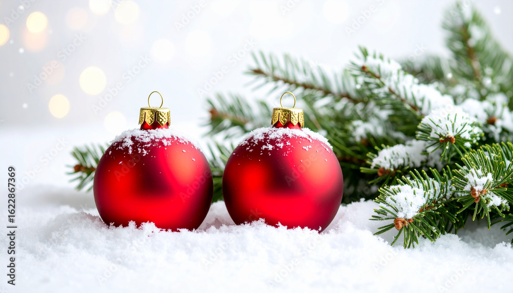 Obraz premium Festive Ornament Bliss: Captivating the spirit of the holidays, two vibrant red ornaments rest serenely amidst a pristine bed of snow and fresh evergreen branches.