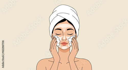 Minimalist illustration of a woman applying a facial mask with a light gray towel on her head