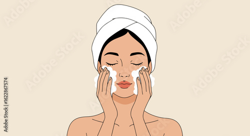 Woman with dark hair in light blue towel washing face during skincare routine