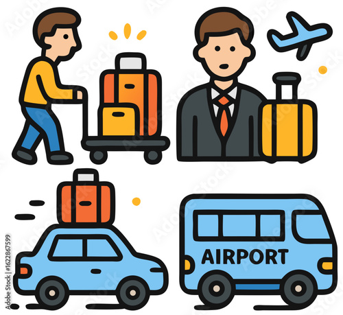 Colorful Vector Icons of Airport Transportation and Travel Activities