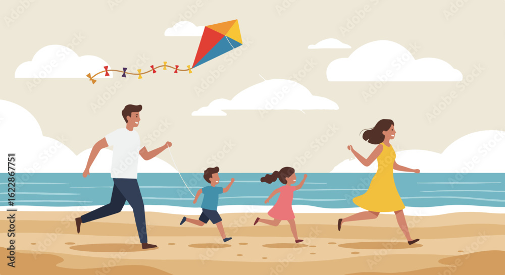 Fototapeta premium Family of four flying a diamond-shaped kite on a sunny beach