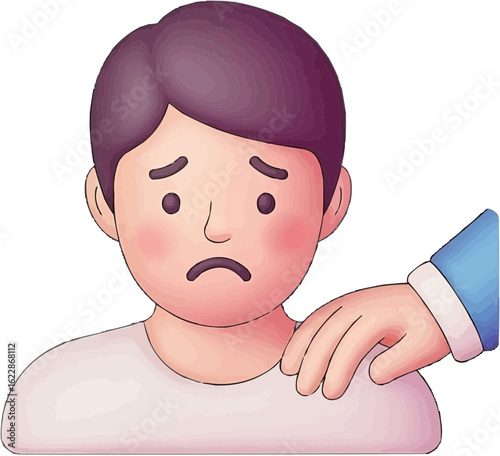 Sad young boy with a comforting hand on his shoulder, symbolizing emotional support and empathy, on an isolated white background.