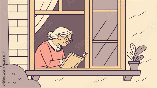 Illustration of grandmother reading book by window at home lifestyle and retirement hobby leisure time