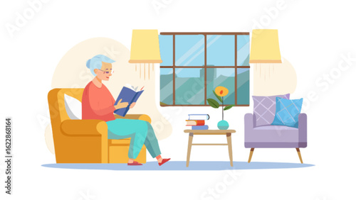 Illustration of senior woman reading book in armchair near window and table in living room design vector