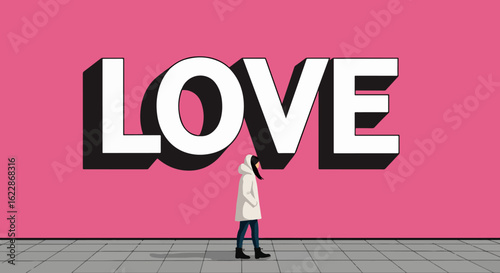 Woman standing in front of large 3D white LOVE text on pink background