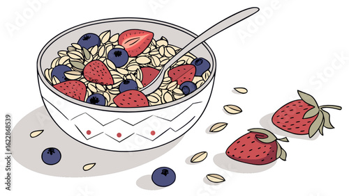 Delicious breakfast bowl of oatmeal with fresh strawberries and blueberries healthy food illustration
