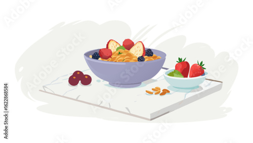 Delicious breakfast bowl with fresh fruit strawberry and berries healthy food morning meal illustration