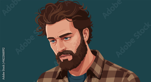 Portrait illustration of a bearded man with curly hair and blue eyes wearing a brown plaid shirt and blue t-shirt against a dark teal background