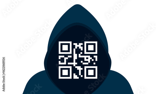 Fake qr code and scammer. Unknown person in a hood. Phishing fraud concept. Online crime warning. Financial scam. Flat vector poster, banner.