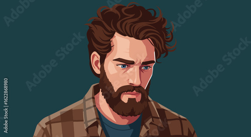 Portrait illustration of a bearded man with curly hair and blue eyes wearing a brown plaid shirt and blue t-shirt