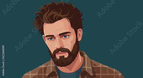 Professional portrait of a bearded man with curly hair and blue eyes wearing a brown plaid shirt