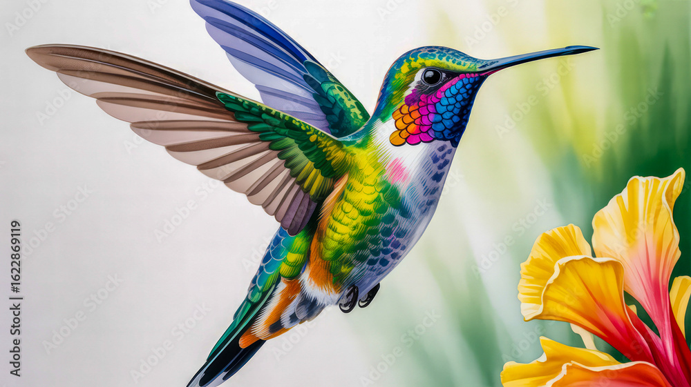 Obraz premium Vibrant hummingbird near yellow hibiscus flying wings spread