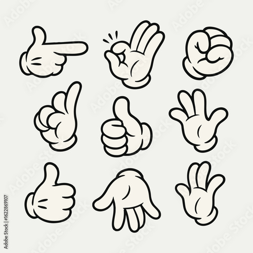 Cartoon Hands Gestures Vector Set, Classic Retro Style, Different Poses