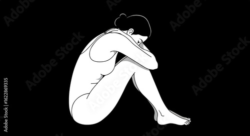 Black and white illustration of a female figure in a contemplative pose