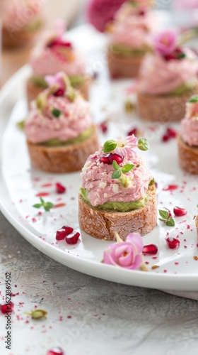Wallpaper Mural Exquisite canapes rest on a White platter. The bread, dyed with pomegranate, is topped with creamy avocado paste and drizzled with pink beet sauce, presented in soft, natural light Torontodigital.ca