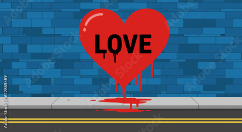 Bleeding red heart with LOVE text on blue brick wall in urban street scene