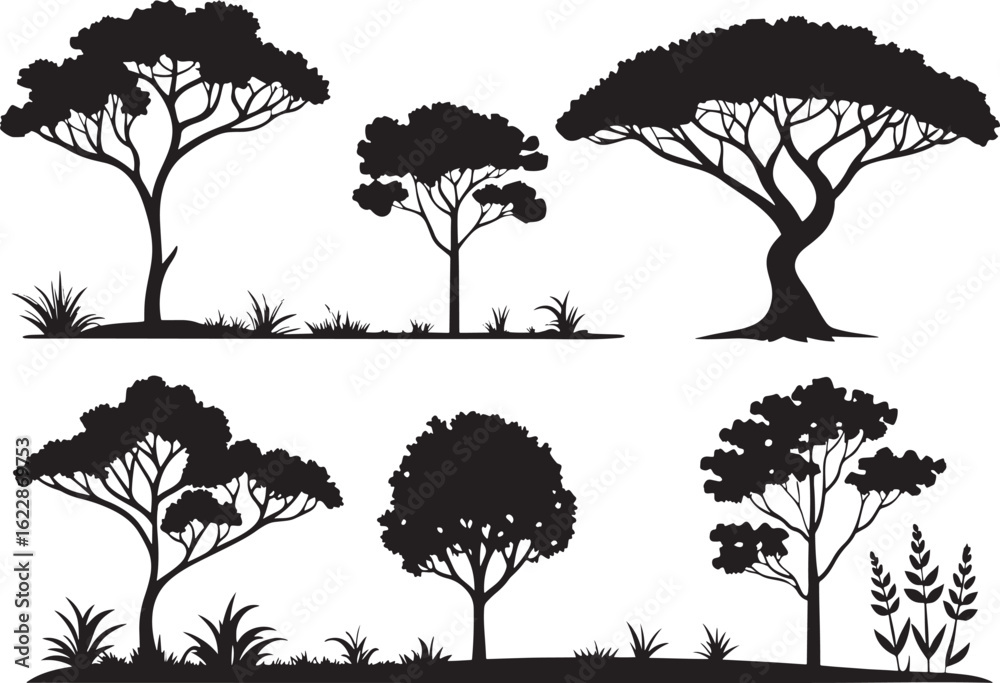Fototapeta premium Silhouette Tree and Plant Icons on White Background Vector Set