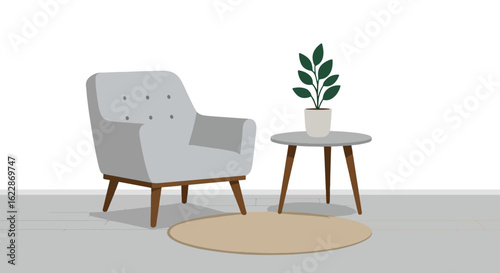 Minimalist interior with gray armchair, side table, and potted plant